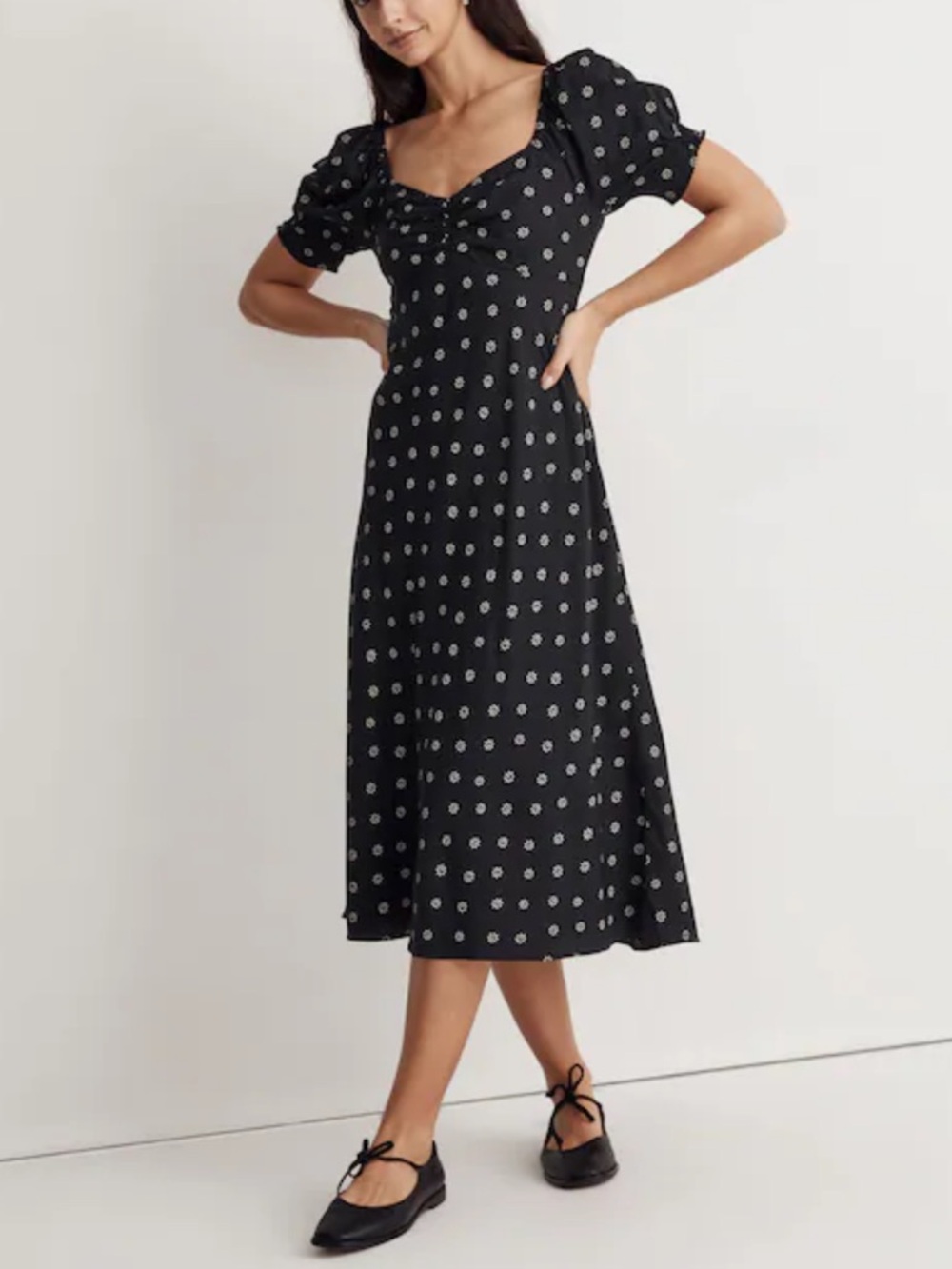 Madewell Black Stardot Sweetheart Puff-Sleeve Midi Dress